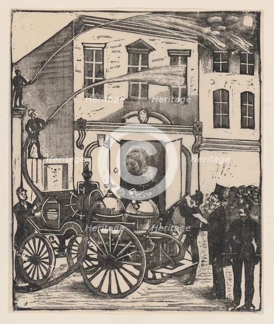 Firefighters putting out a fire in a house, firetruck in foreground, ca. 1880-1910., ca. 1880-1910. Creator: José Guadalupe Posada.