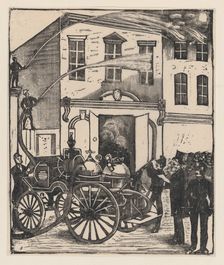 Firefighters putting out a fire in a house, firetruck in foreground, ca. 1880-1910., ca. 1880-1910. Creator: José Guadalupe Posada