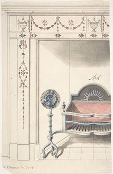 Fireplace and Grate Design with Sunflower Andirons, 19th century. Creator: Anon