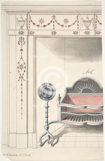 Fireplace and Grate Design with Sunflower Andirons, 19th century. Creator: Anon.