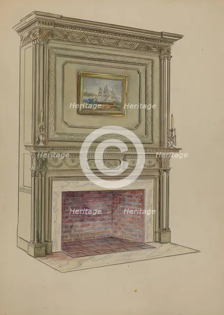 Fireplace, c. 1936. Creator: Charles Squires.