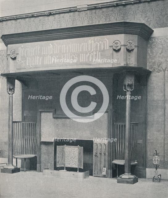 'Fireplace designed by C. Harrison Townsend with carving designed and executed by George Frampton',  Artists: George Frampton, Charles Harrison Townsend.