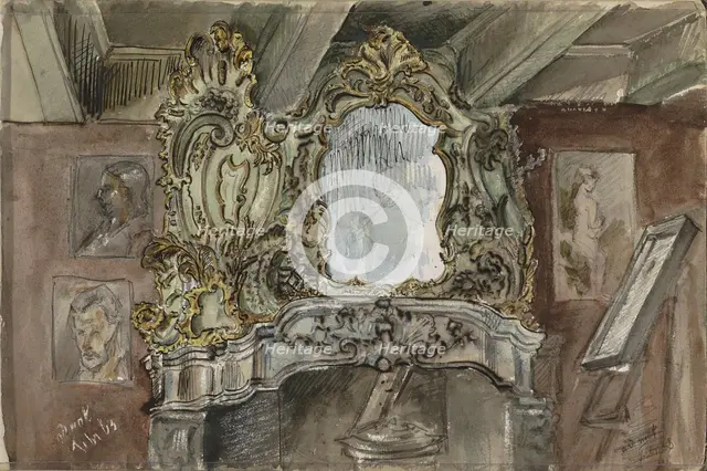 Fireplace with ornamental mirror in an interior, 1863. Creator: Isaac Gosschalk.