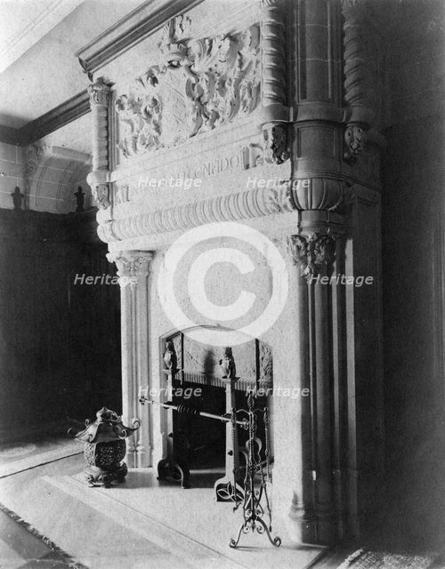 Fireplace, with words "In Deo solo confido", in home of Edmund..., Greenwich, Connecticut, 1908. Creator: Frances Benjamin Johnston.