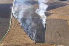 Fires in an arable field engulfing an electricty pylon, Amcotts, North Lincolnshire, 2022. Creator: Emma Trevarthen