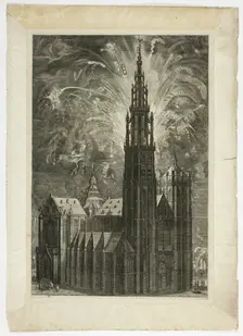Firework around the Antwerp Cathedral, plate 41 from Casperius Gevartius, Pompa Introitus ..., 1642. Creator: Unknown