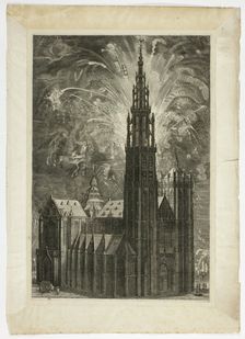 Firework around the Antwerp Cathedral, plate 41 from Casperius Gevartius, Pompa Introitus ..., 1642. Creator: Unknown
