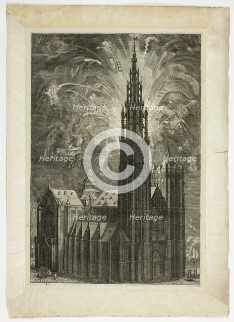 Firework around the Antwerp Cathedral, plate 41 from Casperius Gevartius, Pompa Introitus ..., 1642. Creator: Unknown.