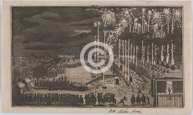 Firework display, Nuremberg 1649, reduced copy of 'Kurze Beschreibung dess kunstlich..., after 1649. Creator: Anon.