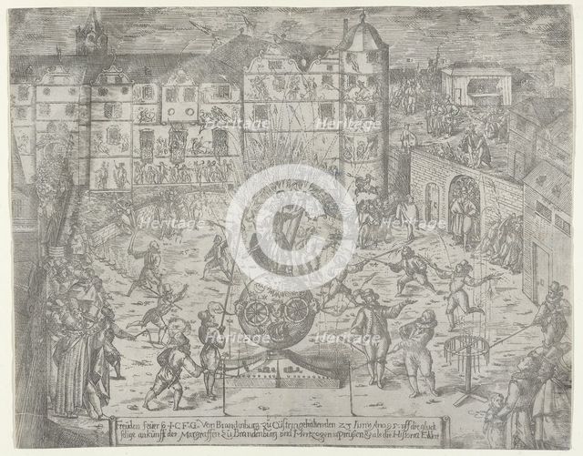 Fireworks on June 23, 1595, for the entry to Küstrin of the Margrave of Brandenburg and Du..., 1595. Creator: Georg Keller.