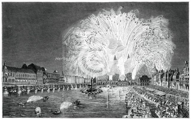 Fireworks On The Bridge, Paris, 1754, (1885). Artist: Unknown