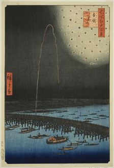 Fireworks at Ryogoku (Ryogoku hanabi), from the series "One Hundred Famous...", 1858. Creator: Ando Hiroshige