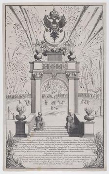 Fireworks and triumphal arch erected in Buda to celebrate the expulsion of the Turks, Sept..., 1686. Creator: Anon