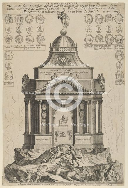 Fireworks celebrating the erection of the Temple of Glory and equestrian statue of Louis l..., 1699. Creator: Anon.