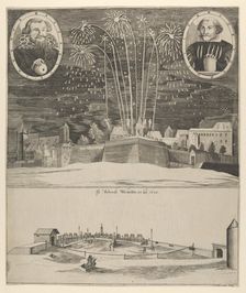 Fireworks display by Lorenz Müller as proof of his mastership, Nuremberg , 1635. Creator: Anon