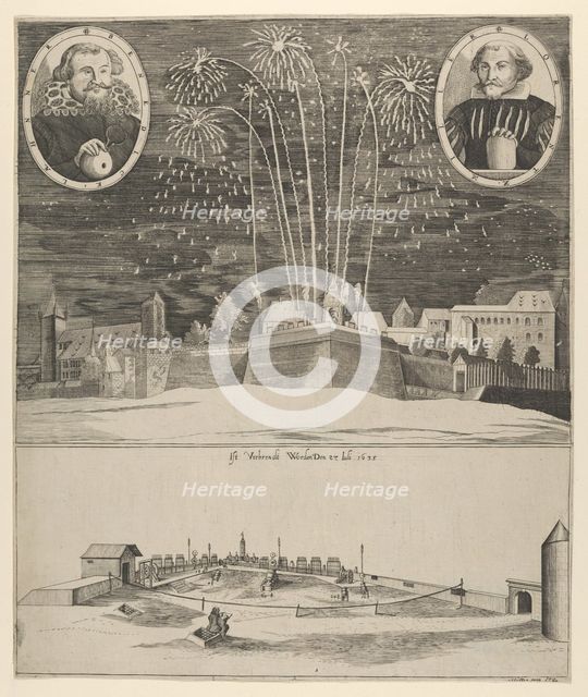 Fireworks display by Lorenz Müller as proof of his mastership, Nuremberg , 1635. Creator: Anon.