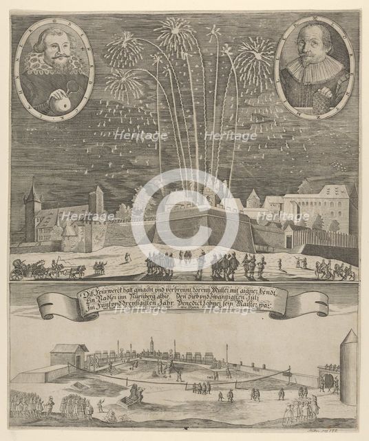 Fireworks display by Lorenz Müller as proof of mastership, Nuremberg 1635. Creator: Anon.