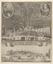 Fireworks display by Lorenz Müller as proof of mastership, Nuremberg 1635. Creator: Anon