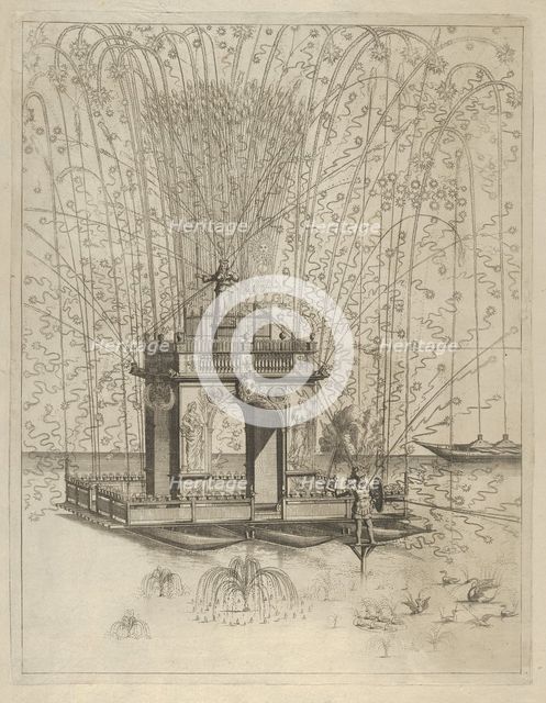 Fireworks display with triumphal arch supported by three pontoons on the water, de..., 17th century. Creator: Anon.