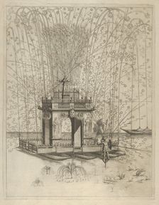 Fireworks display with triumphal arch supported by three pontoons on the water, de..., 17th century. Creator: Anon