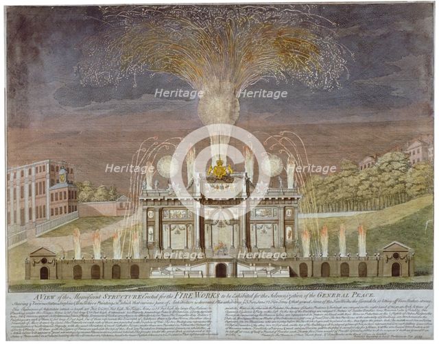 Fireworks in Green Park, Westminster, London, 1749.                                          Artist: Anon