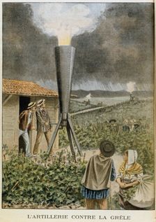 Firing a cannon into clouds to prevent a hail storm, 1901. Creator: Unknown