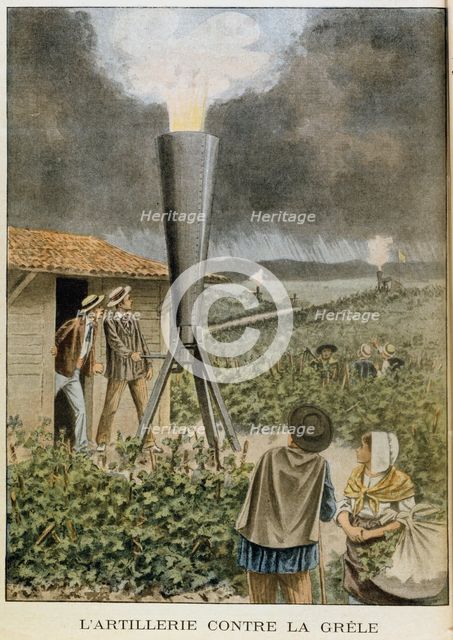 Firing a cannon into clouds to prevent a hail storm, 1901. Creator: Unknown.