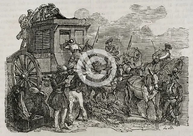 First Carlist War, (1833-1840): Assault by the Carlists on the postal service on its way...1842. Creator: Unknown.