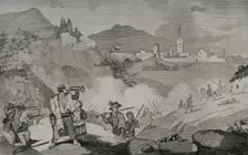 First Carlist War (1833-1840): Carlist troops besieged the town of Olot between...1835 (1845). Creators: Francisco Sainz, Martínez