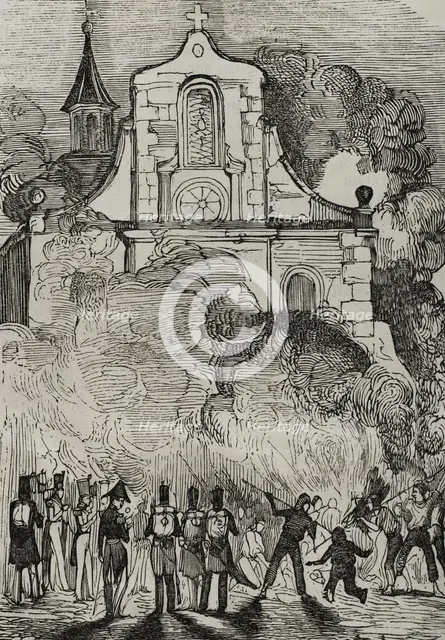 First Carlist War, (1833-1840): Fire at the Franciscan convent in Reus, (Tarragona province), 1845.  Creator: Unknown.