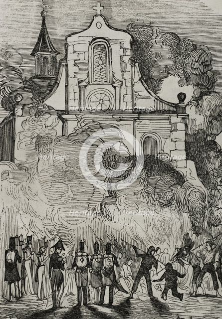 First Carlist War, (1833-1840): Fire at the Franciscan convent in Reus, (Tarragona province), 1845.  Creator: Unknown.
