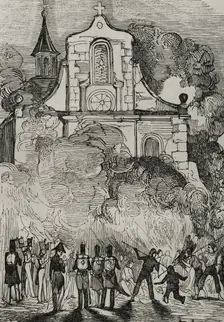 First Carlist War, (1833-1840): Fire at the Franciscan convent in Reus, (Tarragona province), 1845. Creator: Unknown