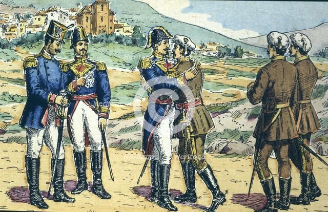 First Carlist War. 'Embrace of Vergara' among generals Espartero and Maroto, with which the Seven…