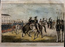 First Carlist War, hug of Vergara, Generals Maroto and Cabrera embrace each other, 1839, colored …