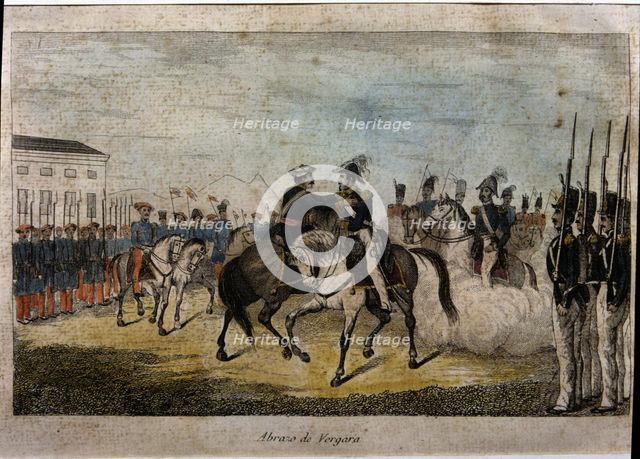 First Carlist War, hug of Vergara, Generals Maroto and Cabrera embrace each other, 1839, colored …