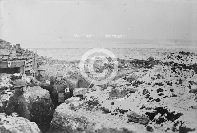 First Aid Station, American Trenches, 1917 and 1918. Creator: Bain News Service.