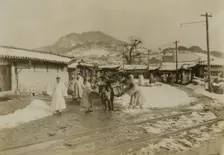 First arrival pack horses, Seoul, bound north, c1904. Creator: Robert Lee Dunn
