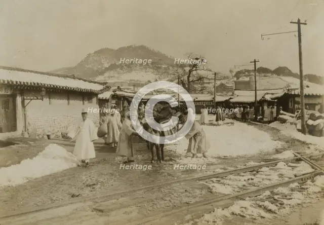 First arrival pack horses, Seoul, bound north, c1904. Creator: Robert Lee Dunn.
