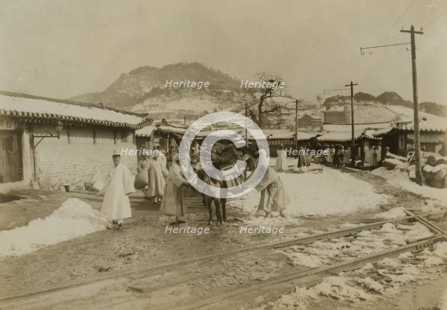 First arrival pack horses, Seoul, bound north, c1904. Creator: Robert Lee Dunn.