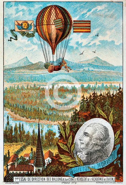 First attempt by Guyton de Morveau to direct a balloon, Dijon, France, 1784 (1890s).  Artist: Anon