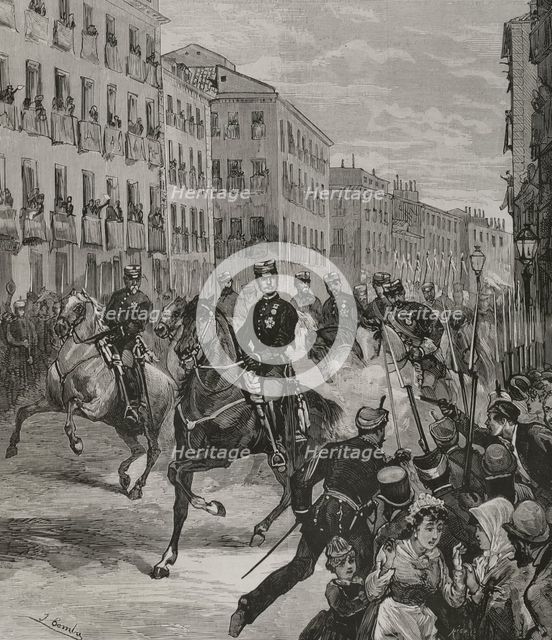 First attempt on Alfonso XII's life, as he was parading through the streets of Madrid...25 October 1 Creator: Bernardo Rico.
