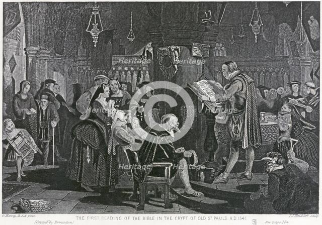 First bible reading in the crypt of old St Paul's Cathedral, London, 1541 (19th century). Artist: Unknown.