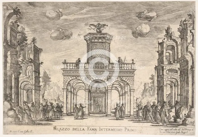 First interlude: palace of fame (Intermedio sesto: palazzo della fama), from the series 'S..., 1608. Creator: Remigio Cantagallina.