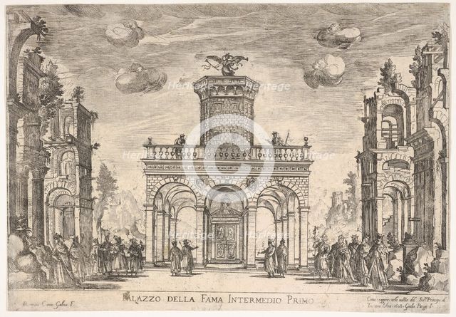 First interlude: palace of fame (Intermedio sesto: palazzo della fama), from the series 'S..., 1608. Creator: Remigio Cantagallina.
