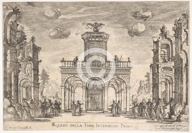 First interlude: palace of fame (Intermedio sesto: palazzo della fama), from the series 'S..., 1608. Creator: Remigio Cantagallina.