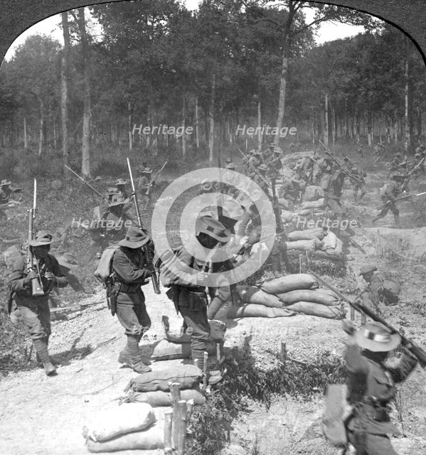 First line Gurkhas storming and capturing a German trench, World War I, 1914-1918.Artist: Crown