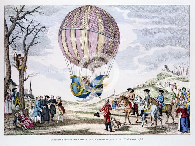 First manned flight in a hydrogen balloon, France, 1 December 1783 (1887). Artist: Anon