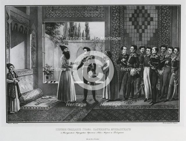 First Meeting of Count Ivan Paskevich with Abbas Mirza, 1828. Artist: Beggrov, Karl Petrovich (1799-1875)