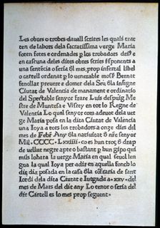 First sheet of the work Trobes en lahors de la Verge Maria the first literary work... Spain, 1474 Creator: Unknown