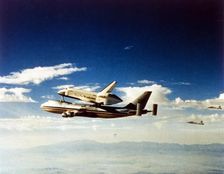 First Space Shuttle flight, Columbia parting from carrier aircraft, April 1981. Creator: NASA